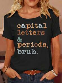 Women's T-Shirt With A Creative And Fun Letter Print, Made Of Breathable Fabric, Suitable For Casual Spring And Summer Outdoor Wear, Stylish For Holiday Parties, Urban Fashion, Easy To Match. - 黑色 - 查看 5