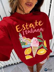 1 Piece Casual Fashion For Men And Women Regular T-Shirt With Italian Summer Print, Lemon Architectures, Orca Brand 100% Pure Fabric 6. 35oz, Ideal For Casual Outdoor Use, Size S, Vacation And How Versatile, Easy To Match, Suitable For Daily Wear, Urban Style, Vacation Outfits, Weekend Outfits. - [紅色的] - 查看 6