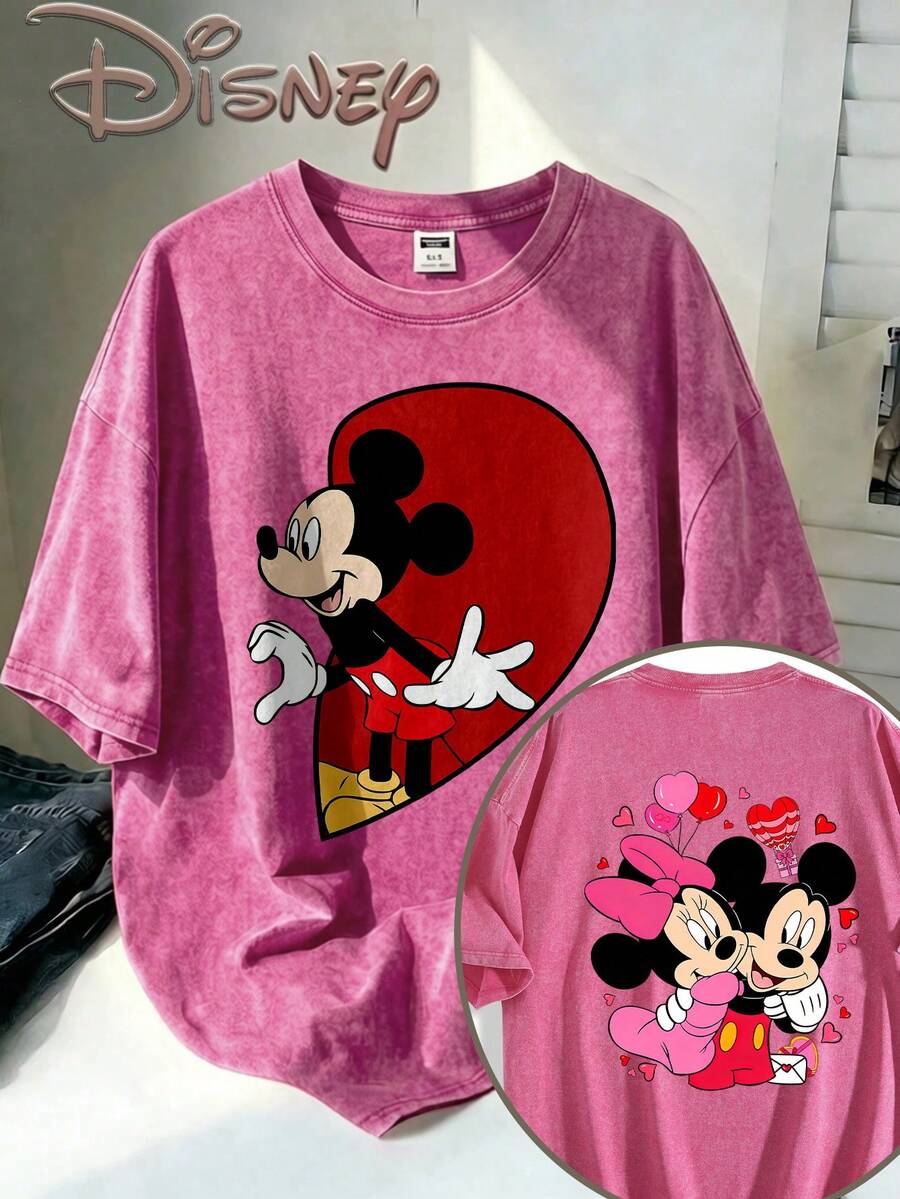 Camiseta oversize de cuello redondo lavada con estampado de Disney Mickey, Minnie, Pluto, Goofy, Donald Duck y Daisy, tallas para hombre adecuadas para toda la familia - Rosa Roja - Ver 1
