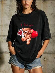 Women's Casual Blouse, Simple Style For Daily Wear, 180G T-Shirt With Teddy Bear Print "I Love You" For Valentine's Day - Perfect Gift For Family And Team Building Activities, Comfortable And Soft Short Sleeve Top For Daily Wear. - 黑色 - 查看 1