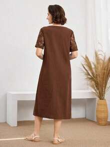 XHEMiaspire Vestido casual de mujer de longitud media con cuello en V y parches de encajeXHE - Marrón - Ver 2