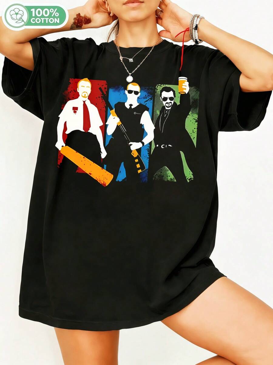 Shaunn Off The Dead Movie Characters Silhouette Pop Art Tri-Color Design Cotton T-Shirt Unisex Casual Streetwear Movie Fan Tee. - 黑色 - 查看 1