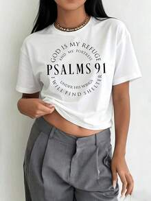 Camiseta de manga corta con cuello redondo para mujer [Talla Grande] con versículo bíblico de los Salmos 91 - "Dios es mi refugio" y estampado de psalterio, ropa casual adecuada para la iglesia, grupos de oración y uso diario, ropa de verano lavable a máquina. - Blanco - Ver 2