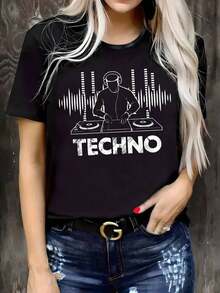 Camiseta Gráfica Techno para Mujer - Camiseta Negra de Cuello Redondo y Manga Corta, Transpirable y de Color Beige Suave, Diseño Casual con Estampado de DJ, Perfecta para Primavera y Verano, Corte Relajado, Estilo Techno, Transpirable y Cómoda. - Negro 6 - Ver 6