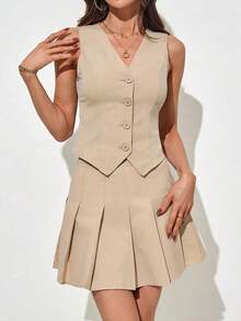 Conjunto de 2 piezas para mujer con chaleco de unicolor sin mangas y minifalda plisada - Caqui - Ver 6