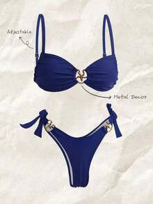 Swim Mod Conjunto de bikini sexy con decoración de estrella de mar metálica, unicolor, con lazos ajustables a los lados para mujer - Azul - Ver 6