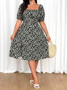 Vestido con abertura lateral romántica, estilo floral diminuto y refrescante para vacaciones, talla grande - Negro - Ver 3