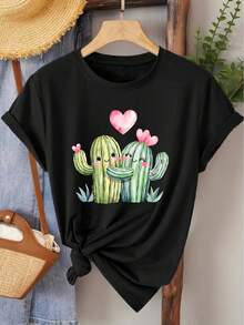 Women's Short-Sleeved T-Shirt, Elegant Style, With Heart And Cactus Print, Round Neck, Ideal For Spring, Summer, Autumn, Fashion, Daily Travel, Versatile, Casual, Elegant, Retro Style, Available In Sizes S-XXL - 黑色 - 查看 6