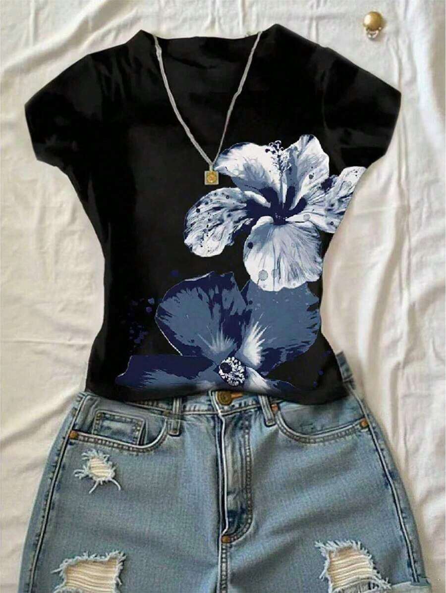 Camiseta de manga corta con estampado floral romántico para mujer - Negro - Ver 1