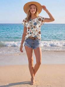 Camisa casual de mujer con patrón floral retro y cuello redondo, adecuada para el verano y para salir, blusas elegantes para mujer, casual - Multicolor 3 - Ver 4