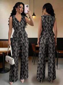 Nuevo traje de encaje casual y elegante para mujer, con contraste de color de encaje y botones de perla, adecuado para el Día de San Valentín, Halloween, vuelta al colegio, primavera/verano, traje de oficina profesional, atuendo de maestra, trayec - Caqui - Ver 1
