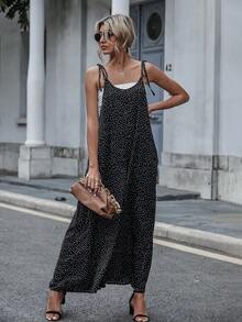 LUNE Jumpsuit de lunares con bolsillos oblicuos de hombros con cordón sin top tubo - Negro - Ver 3