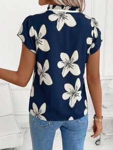 Camisa de mujer de manga corta, con lazo, volantes, a cuadros, elegante y casual para vacaciones y picnic, primavera/verano - Azul marino 2 - Ver 2