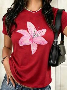 1 Piece Of Women's Plus Size Loose Fit T-Shirt, 100% Cotton, With Dropped Shoulders, Printed With Watercolor Pink Lily Designs, Perfect For Summer Beach, Vacation, Etc. - 紅色 - 查看 2