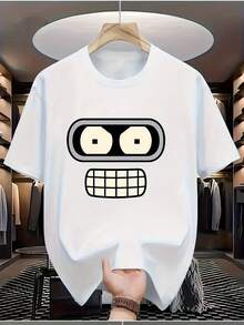 Unisex T-Shirt For Men And Women With Curved Robot Design, Futurama Humorous Style, Breathable, Round Neck, Short Sleeve, Casual, For Summer, Clothing For Anime Fans, Pop Culture, Party Outfit - 白色 - 查看 12