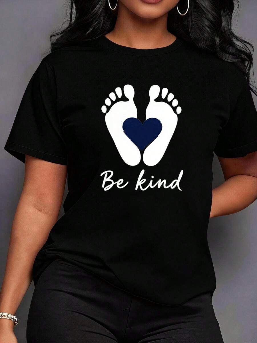 1 Piece Of Short Sleeve T-Shirt 100% Cotton, Casual Round Neck With Print, Footprint And Heart, Be Kind Theme, Breathable Short Sleeve For Daily Wear - 黑色 - 查看 1
