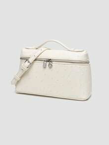 1 pieza Bolso de hombro cuadrado de unicolor con textura de grano de litchi en PU, bolso de mano pequeño para mujer, adecuado para combinar con diaria, salidas, compras, fiestas, bol - Marfil 2 - Ver 3