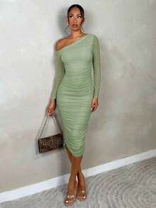 Vestido elegante de malla fruncida de otoño para mujer  , de manga larga, corte midi y ajustado, para citas/fiestas, vestidos en colores pastel para mujer, para el Día de San Valentín, atuendos de San Valentín para mujer. - verde menta - Ver 1
