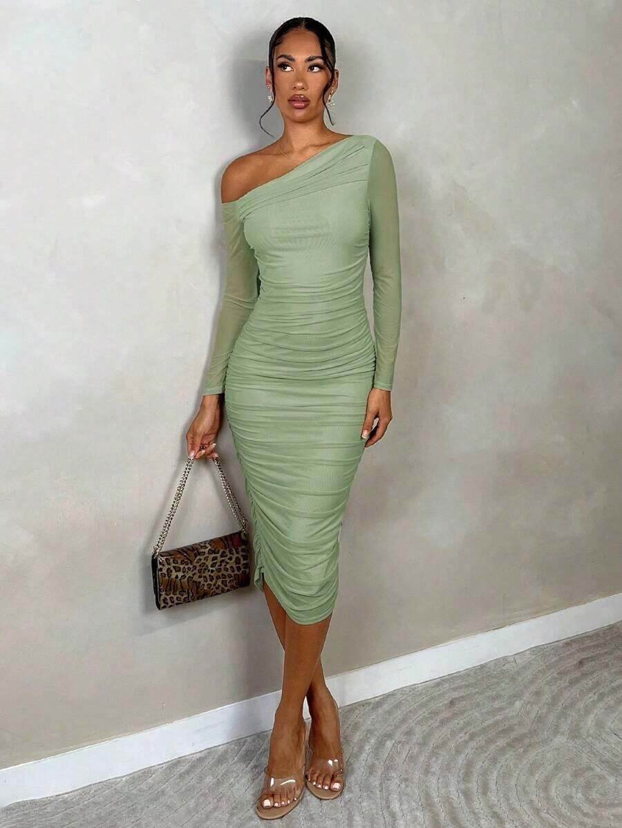 Vestido elegante de malla fruncida de otoño para mujer  , de manga larga, corte midi y ajustado, para citas/fiestas, vestidos en colores pastel para mujer, para el Día de San Valentín, atuendos de San Valentín para mujer. - verde menta - Ver 1