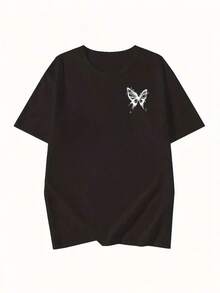 Unique White Butterfly Design T-Shirt, Y2K Style,  Youth Fashion For Women And Men, Perfect For Any Occasion, Ideal For Streetwear Lovers, Matches Your Personal Style, Comfortable And Lightweight, Casual And Modern, Available In Various Sizes WU45 - 黑色 - 查看 7