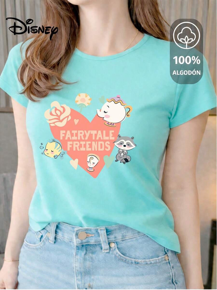 Women's T-Shirt Made Of 100% High-Quality Cotton, This T-Shirt Guarantees Exceptional Softness To The Touch, Round Neck With "Disney Fairytale Friends" Print And Short Sleeves - 水 - 查看 1