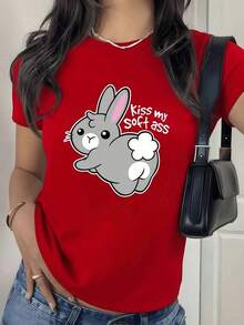 100% Cotton. Gray Rabbit With Pink Ears And A Friendly Expression Conveying A Fun And Carefree Attitude. Women's T-Shirt, 100% Cotton, 220g. Women's Simple Solid Color T-Shirt, Loose And Slim Fit Casual Short Sleeve - 紅色的 - 查看 9
