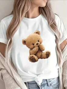 Lightweight And Comfortable Regular-Fit Short-Sleeved T-Shirt With A Cute Teddy Bear Print. Perfect For Lounging At Home Or Enjoying A Coffee At A Café. Designed For Everyday Wear And Made From Soft Fabric. A Great Gift Idea. 100% Cotton - 白色 - 查看 6