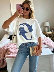 Camiseta estampada para mujer, 1 pieza, informal, con estampado de tiburón ballena azul, cuello redondo, manga corta, camiseta cómoda para el verano, ropa de mujer, playera para verano. - Blanco - Ver 6