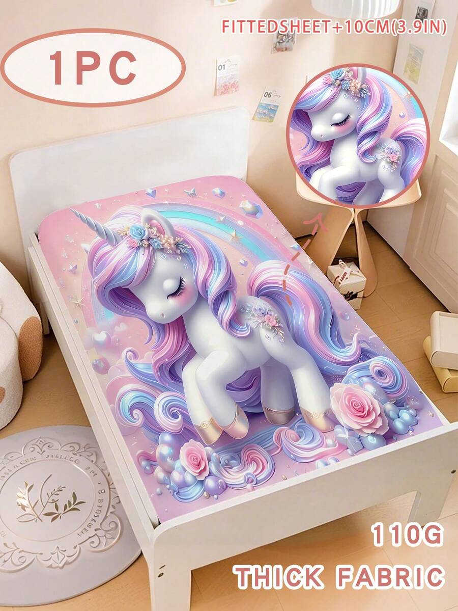 1PC Cute Unicorn Kids Bed Sheet, Soft Pink Purple Rainbow Bedding Set For Girls Bedroom, Cartoon Floral Unicorn Fitted Sheet ,110G Thick Fabric Hypoallergenic & Anti-Slip Adorable Infant Mattress Protector For Baby Gift Ready - Multicolor - View 1