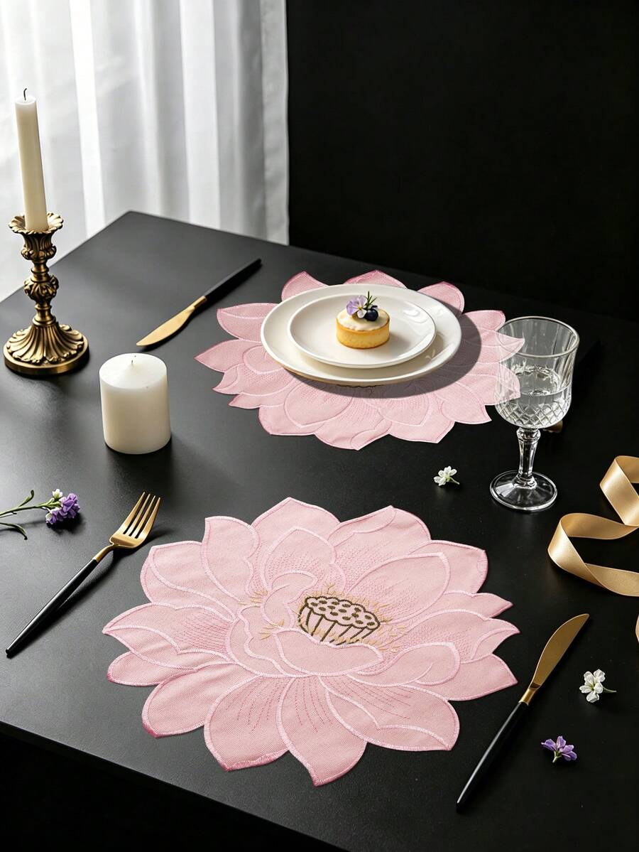 4/120pcs, Pink Lotus Embroidered Fabric Placemats, Waterproof & Oil-Resistant Table Mats, Washable & Odorless Bowl & Plate Pads, Suitable For Restaurant, Cafe, Homestay, Indoor & Outdoor Use, Fit For Festival, Party, Gathering, Birthday, Wedding, Dinner - Multicolor - View 1