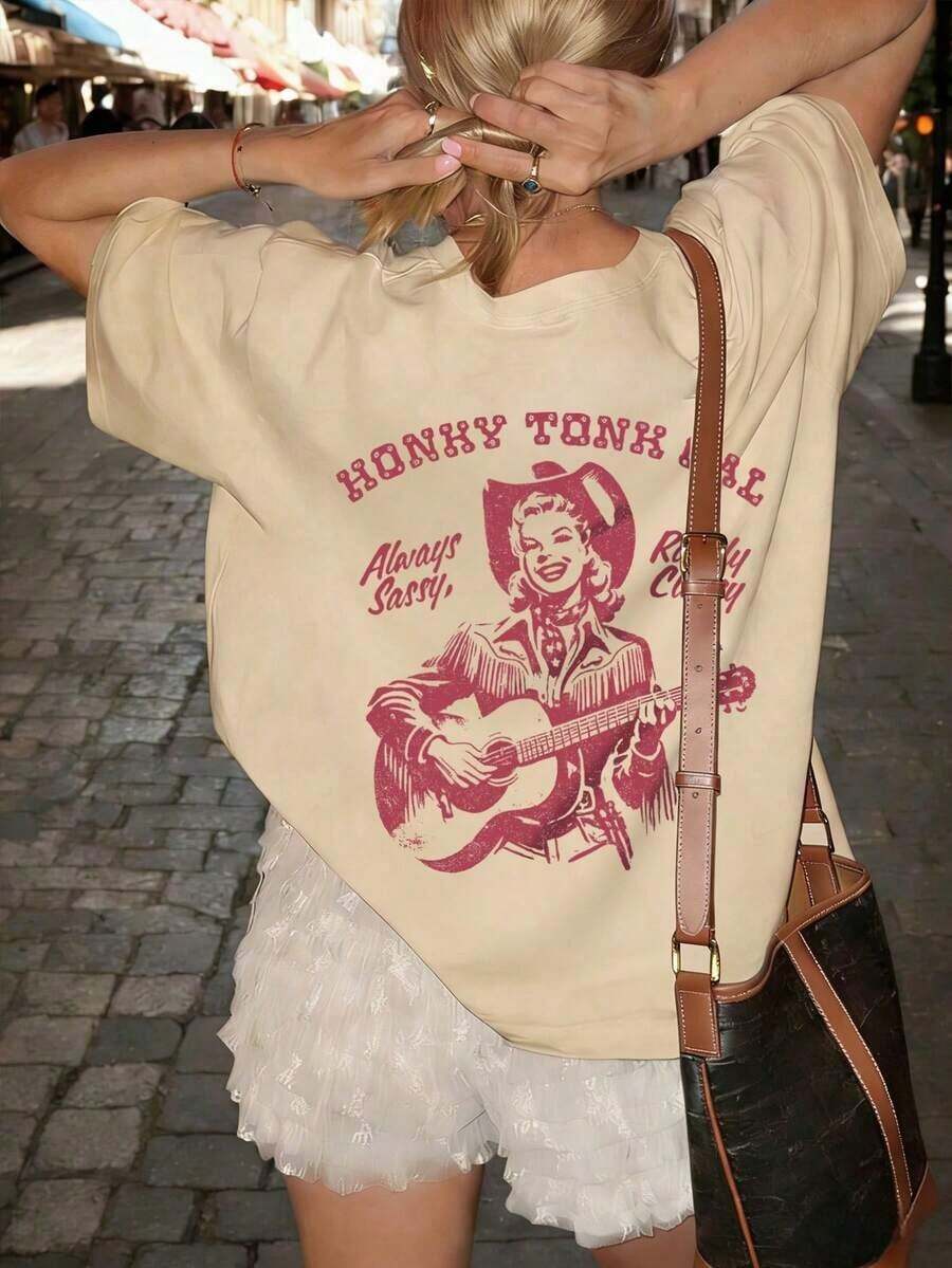 Camiseta de mujer estilo vaquero occidental con estampado de guitarra y Honky Tonk, corte holgado, cuello redondo, manga corta, estilo casual urbano, estilo vintage de verano, unisex, de algodón, manga corta, cuello redondo, blusas para mujer. blusas.blusas casuales para dama. - Albaricoque - Ver 1