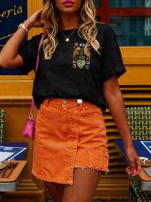 Camiseta de talla grande para mujer con estampado de ojo de tigre, casual de verano - Negro - Ver 2