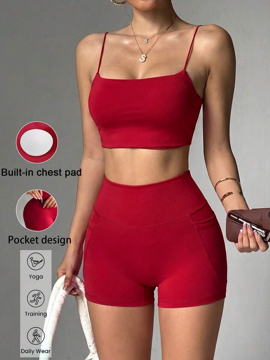Bộ đồ thể thao nữ mùa hè Aoqta Sports màu trơn, gồm áo croptop không tay hở lưng có đệm ngực và quần short cạp cao ôm sát có túi, thích hợp cho yoga, chạy bộ, tập luyện và mặc hàng ngày. - Màu Đỏ Sâu - Xem 1
