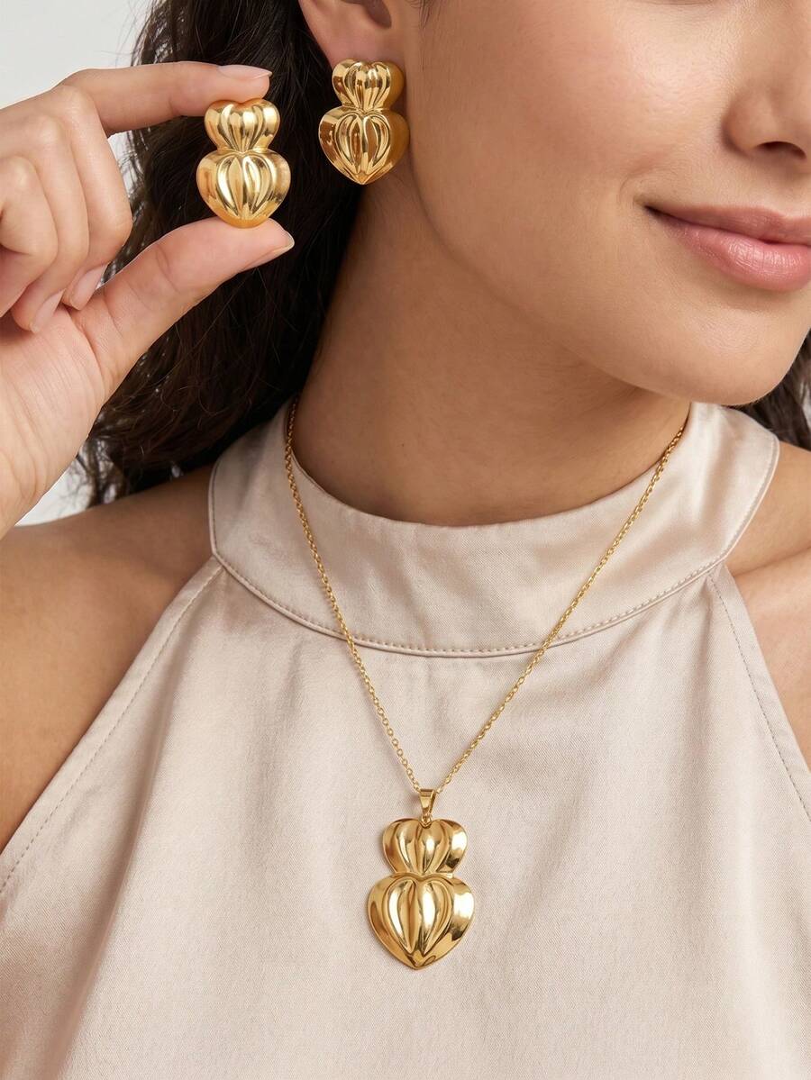 1/3 Sets Gold Tone Women Necklace Set, Gold Jewelry Combo Including Heart Necklace Set, Bow Necklace Set, Geometric Earrings Set, Necklace And Earrings Matching Design, Vintage Elegant Vibe, Made Of High-Quality Stainless Steel, Waterproof, Hypoallergenic, Fade-Resistant