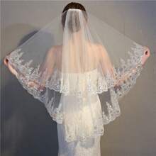 1pc Women's White Double Layer Lace Edge & Sparkling Sequin Bridal Veil, Romantic & Gorgeous For Wedding - White - View 7