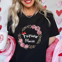 Women's Short-Sleeved T-Shirts, Round Neck, 100% Cotton, T-Shirt For Girls, Bachelorette Party, Bride-To-Be T-Shirts, Short-Sleeved T-Shirt, French Bridal Shirt For Women. - 黑色 - 查看 4