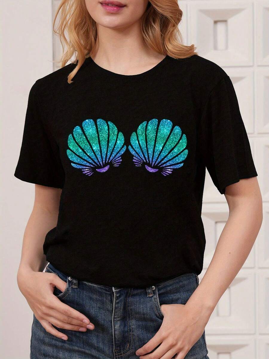 Camiseta con Estampado de Concha de Sirena, Manga Corta, Cuello Redondo, Estilo Casual para Verano y Primavera, Ropa de Mujer - Negro - Ver 1