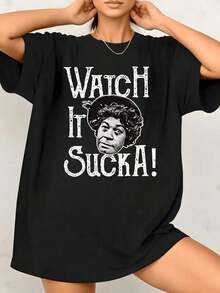 Women's T-Shirt With Funny Graphic Print "It Sucka", Comedic Portrait, 100% Cotton, Crew Neck, Casual Oversized Style, 1 Piece. They Are Excellent Gifts For Friends And Family. - 黑色 - 查看 7
