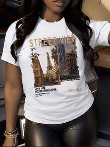 Women's "Street View Paris" Fitted Casual Graphic T-Shirt, Breathable And Comfortable, Short Sleeve And Round Neck, With Cityscape Print, Made Of Soft Cotton, Perfect For Everyday Wear And Urban Travel Style. - 白色 - 查看 7