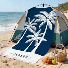 1pc Ultra Soft Navy Blue Palm Tree Summer Pattern Beach Towel, Suitable For Beach, Pool Party, Vacation - Style4 - View 8