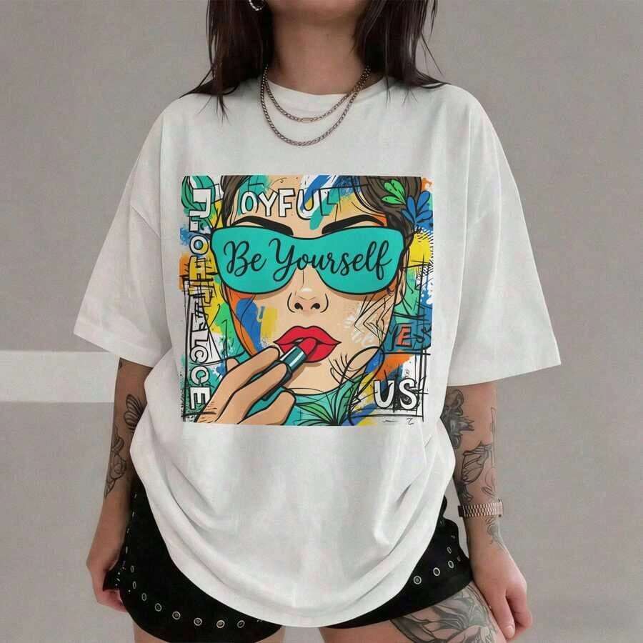 New American Cotton T-Shirt, Fun Retro Style. Artistic Girl, Cartoon Letter Print. Y2k Korean Urban Style Clothing, Comfortable, Retro, Fashionable, And Versatile For Work. Short-Sleeved Crew Neck T-Shirt, Punk Style, Regular Fit, From The Retro Washed Series Of Comfortable Cotton T-Shirts. Easily Create Retro Casual Outfits, Suitable For Daily Commutes, Casual Outings, Music Festivals, Everyday Wear, Classic Retro Style. Printed T-Shirt For Men, Printed T-Shirt For Women, Matching Couples' Set. Cotton T-Shirt. - 白色 - 查看 1