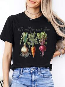 Women's Casual Short-Sleeved T-Shirt, High Quality, Round Neck, Root Vegetable Illustration And Pastoral Style Design, Perfect As A Gift For Family And Friends, . - 黑色 - 查看 7