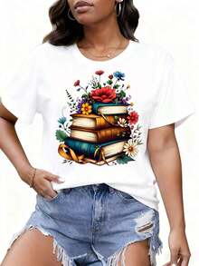 Camiseta Gráfica Transpirable con Diseño de Libros Apilados y Flores para Mujer, Top Casual de Verano con Diseño Floral, Atuendo para Amantes de los Libros, Camiseta Blanca, playeras de mujer algodon,  mujer premium - Blanco - Ver 1