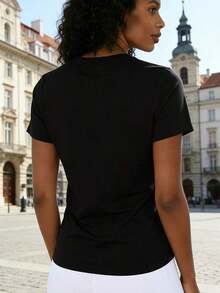 Camiseta estampada con diseño de dibujos animados transpirable, de tela suave, para verano, otoño y primavera, top de mujer con cuello redondo y tela ligeramente elástica, camisetas gráficas, ropa occidental para hombre, camisas para hombre, camisetas gráficas, ropa de mujer, tops de verano, ropa de verano, camisetas gráficas, playeras de mujer algodón,  mujer premium. - Negro - Ver 2