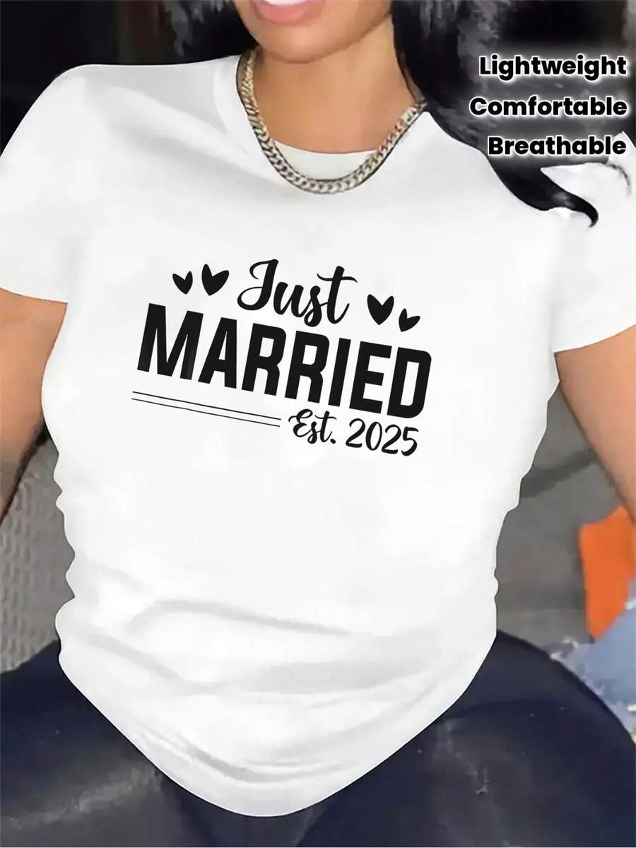 New Women's Fashion Round Neck T-Shirt, Exclusive Polyester T-Shirt For Newlyweds, Perfect For Restaurant Celebrations. Durable And Comfortable Fabric, Elegant Design With Heart Detail, A Great Gift For Newlyweds, Lightweight And Breathable Material. Universal Basic Style, Versatile Design Ready For Summer. - 白色 - 查看 1
