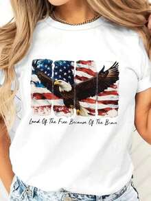 Casual T-Shirt With A Flag Print And The Slogan "Land Of The Free," A Bold Patriotic Design Perfect For Independence Day, Memorial Day, And Other National Holidays. Casual Wear For Men, Women, And Children. - 白色 - 查看 1