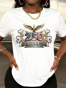 Women's Casual Short Sleeve T-Shirt, Patriotic Design With Eagle And Stars For Independence Day Celebration, 250th Anniversary Of The United States Of America 1776-2026, Women's T-Shirts - 白色 - 查看 1