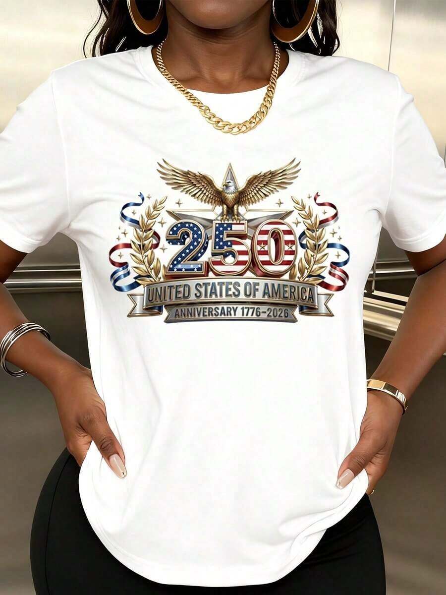 Women's Casual Short Sleeve T-Shirt, Patriotic Design With Eagle And Stars For Independence Day Celebration, 250th Anniversary Of The United States Of America 1776-2026, Women's T-Shirts - 白色 - 查看 1