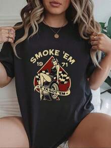 Camisetas Para Mujer AlgodónCamiseta casual vintage para mujer con estampado retro "Smoke 'Em 1971" - diseño estilo rockero y pin-up - ideal para uso diario o eventos informales - disponible en negro, varias tallas - ropa de moda urbana -  en camisetas gráficas. mundial 2026 - Negro - Ver 6