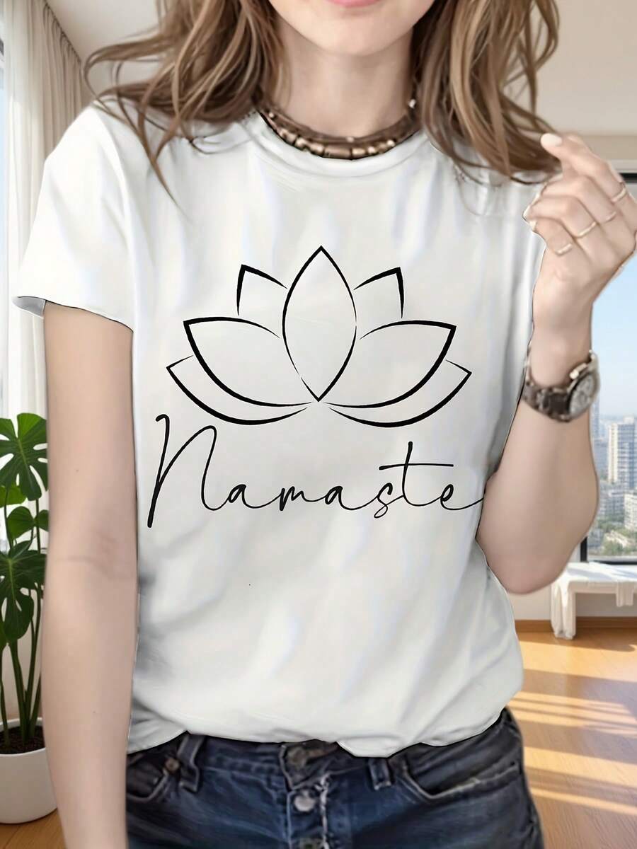 T-Shirt With Graphic Lotus Flower Print And Namaste Greeting, Casual Short-Sleeved Round Neck Top For Summer And Spring, Women's Clothing - 白色 - 查看 1